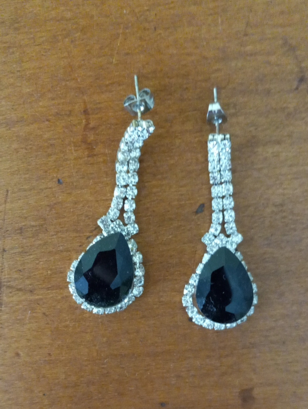 Vintage Silver Tone Black Onyx Style Teardrop Rhinestone Dangle Earrings